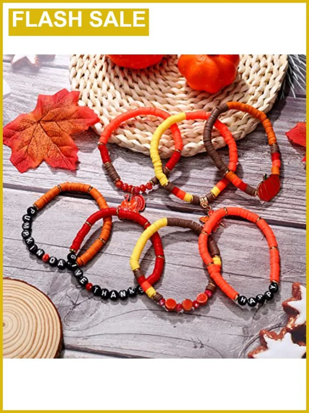 Thanksgiving Beaded Stretch Bracelet Set Stackable Fall Charm Jewelry